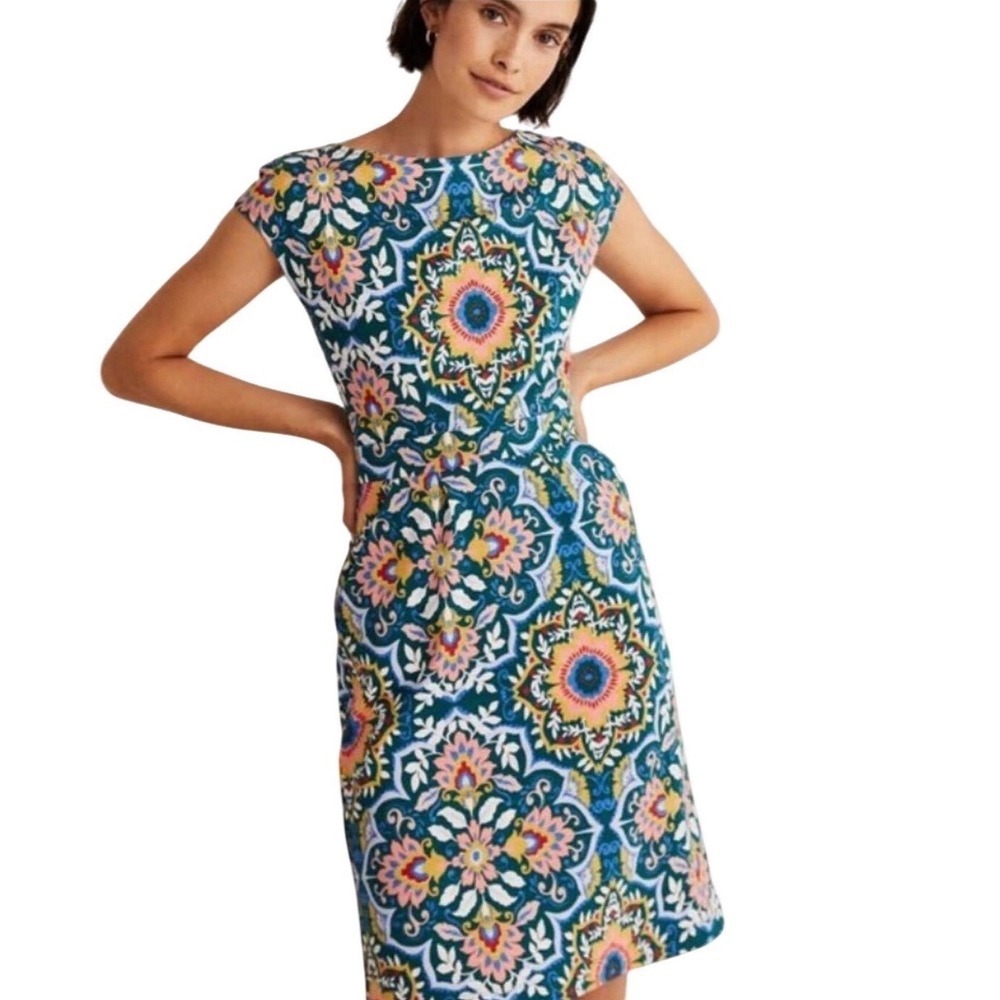 BODEN Women's Florrie Jersey Dress, Knee Length Shift Dress Multi Color, Size 2R